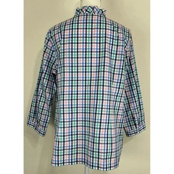 Talbots Petite No Iron Multi Color Ruffle-Neck Popover Gingham Tunic Size 16P - Picture 3 of 13